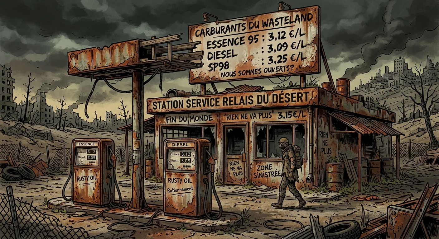 Une station-service abandonnée en zone sinistrée, affiches de prix du carburant rouillées